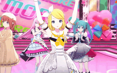 a group of anime girls are dancing on a stage in front of a sign that says i love you