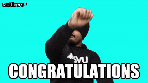 a congratulations greeting card with a man 's face and a colorful background