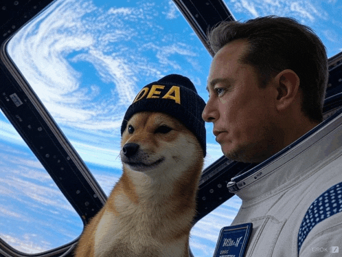 a dog wearing a beanie that says dea stands next to a man in a space suit
