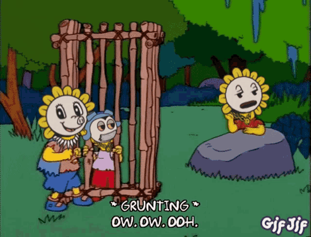 a cartoon of two sunflowers standing in front of a fence with the words grunting ow.ow.ooh