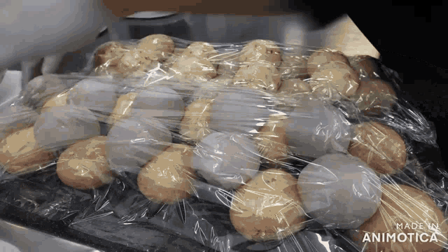 a bunch of potatoes wrapped in plastic wrap with the words made in animatica at the bottom