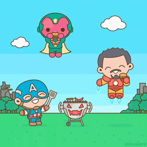 a cartoon of captain america iron man and vision cooking
