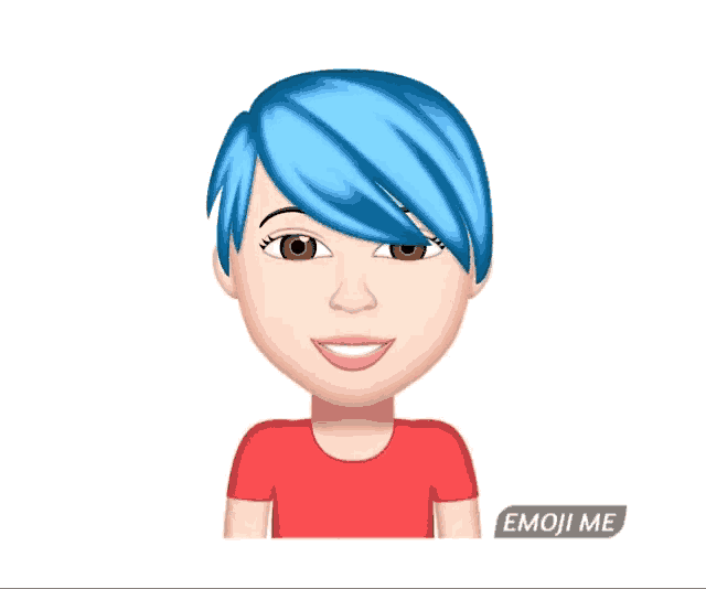 a woman with blue hair is wearing a red shirt and has the word emoji on her arm