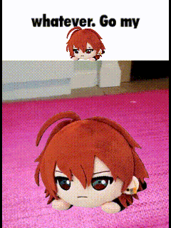 a stuffed animal with red hair is laying on a pink rug with the words " whatever go my " below it