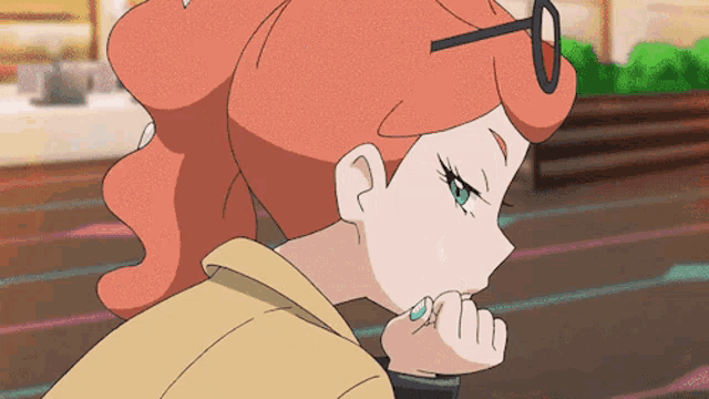 a close up of a cartoon character with glasses and a ponytail
