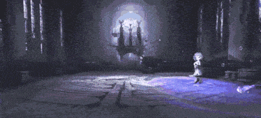 a woman is surrounded by purple jellyfish and bubbles in a dark room