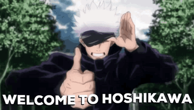 a man is giving a thumbs up sign in front of trees and the words welcome to hoshikawa .
