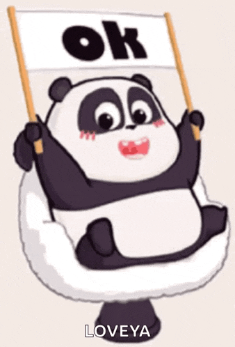 a cartoon panda bear is sitting in a chair holding a sign that says ok .