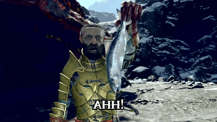 a man in armor is holding a fish in his hand and says ahh