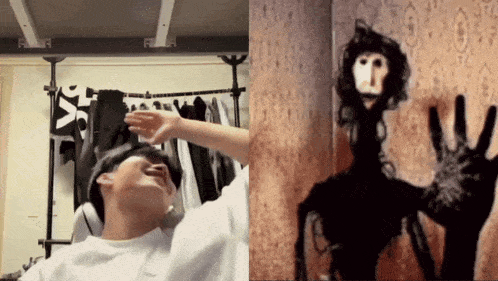 a picture of a person and a picture of a monster with the word yc on the wall
