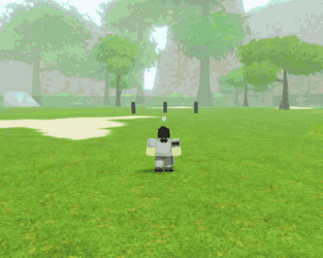 a cartoon drawing of a person in a park with trees