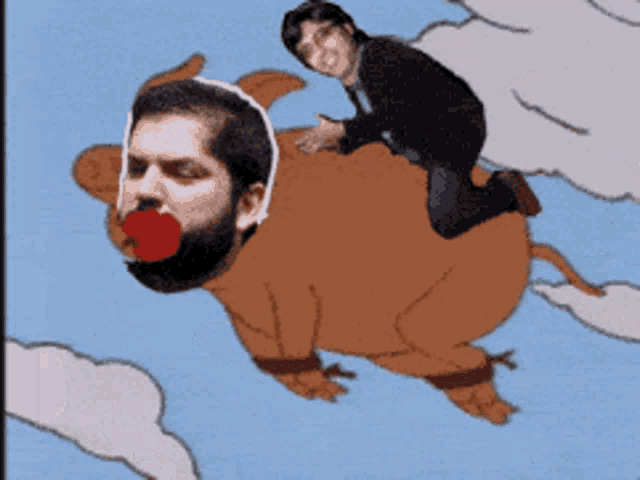 a man is riding on the back of a pig with a red nose