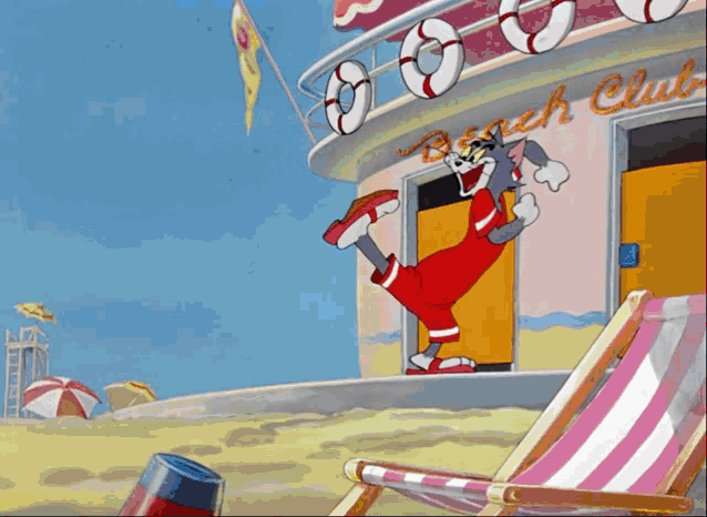 a tom and jerry cartoon shows a beach club in the background