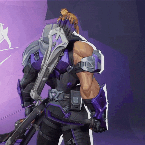 a man in a purple armor with a bow and arrow on his back