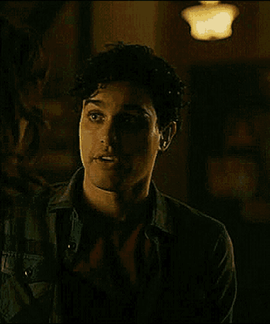 a man with curly hair is wearing a plaid shirt and a red shirt