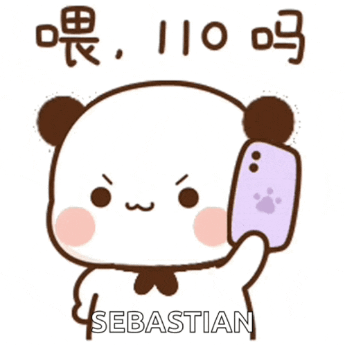 a cartoon panda bear is holding a purple phone with the name sebastian written below it
