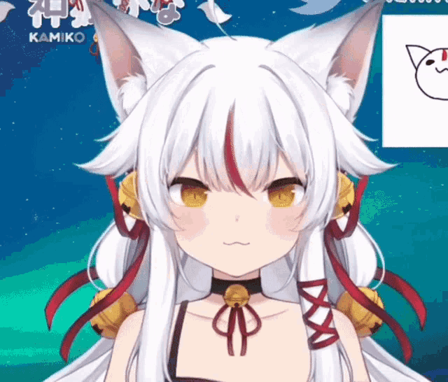 a close up of a anime girl with white hair and red lines