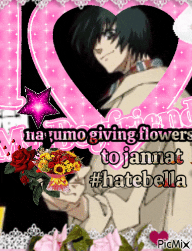 a picture of a man holding a bouquet of flowers with the words na yumo giving flowers to jannat #hatabella