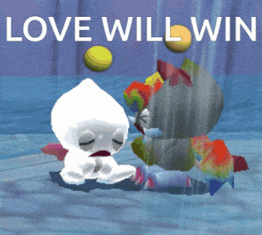 a cartoon scene with the words love will win on the top