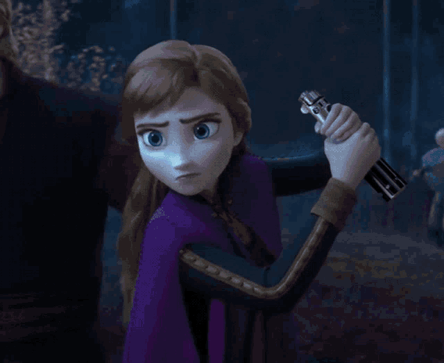 anna from frozen is holding a light saber in her right hand