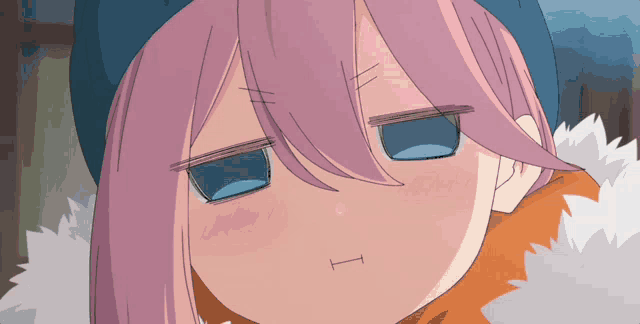 a close up of a pink haired anime girl with a t on her face