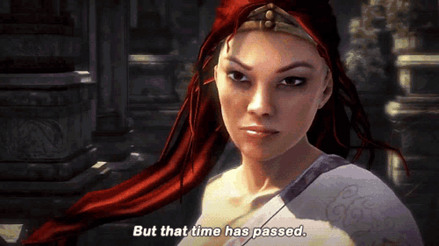 a woman with red hair says but that time has passed in a video game