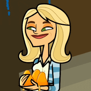 a cartoon woman is smiling and holding a pair of orange shoes