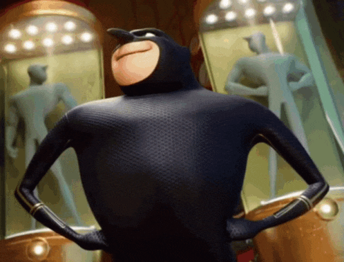 a cartoon character with his hands on his hips standing in front of a mirror