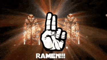 a hand giving a peace sign with the word ramen written below it