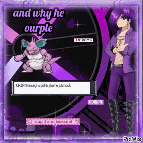 a picture of a girl and a purple pokemon that says " and why he purple "