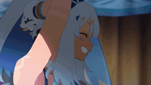 a cartoon drawing of a girl with white hair and brown skin