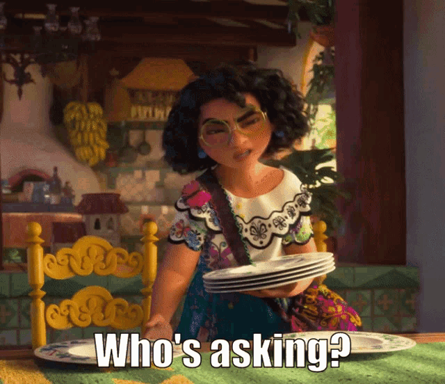 a cartoon girl is holding a stack of plates and asking who 's asking