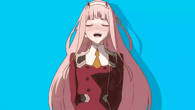 a girl with long pink hair and horns is standing in front of a green background .