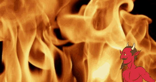 a drawing of a devil with horns standing in front of a fire