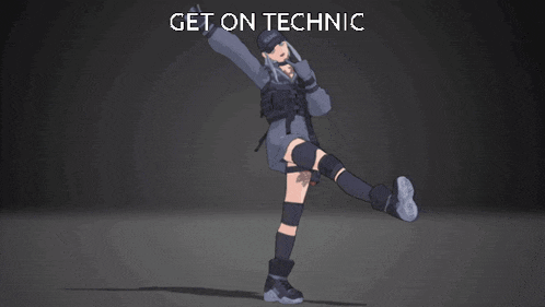 a cartoon of a girl bending over with the words get on technic behind her