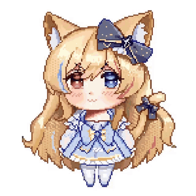 a pixel art drawing of a girl with cat ears and a blue bow .