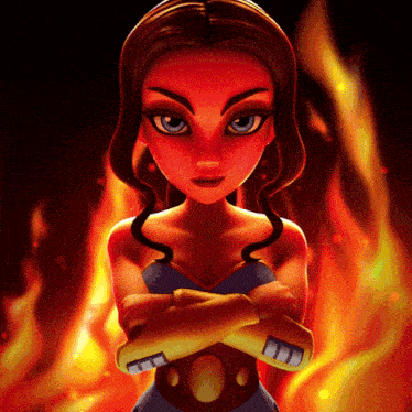 a cartoon girl with her arms crossed and the letter m on her arm