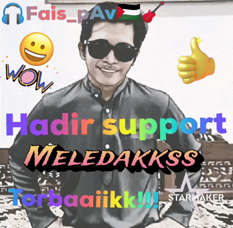 a man wearing sunglasses and a shirt that says ' hadir support meledakkss torbaiikk ' on it