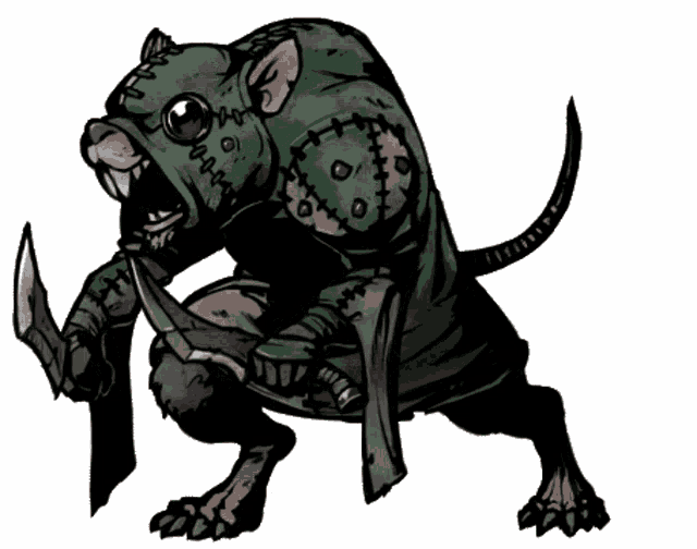 a drawing of a rat holding a knife and wearing a green outfit
