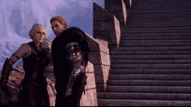 a man and a woman are standing next to each other in front of a set of stairs with the caption charmcity jess