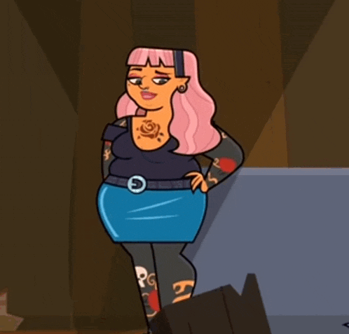 a cartoon of a woman with tattoos on her arms