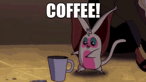 a cartoon cat is standing next to a cup of coffee and says coffee !