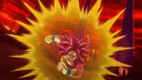 a cartoon character with pink hair is surrounded by a burst of light .
