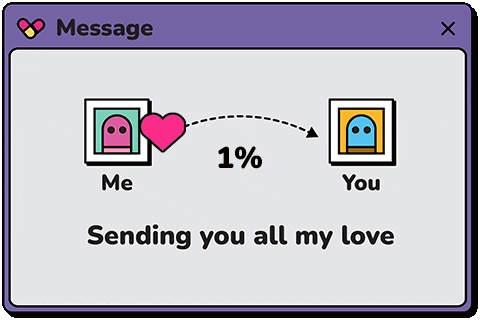 a message box that says `` sending you all my love '' with a heart between me and you .