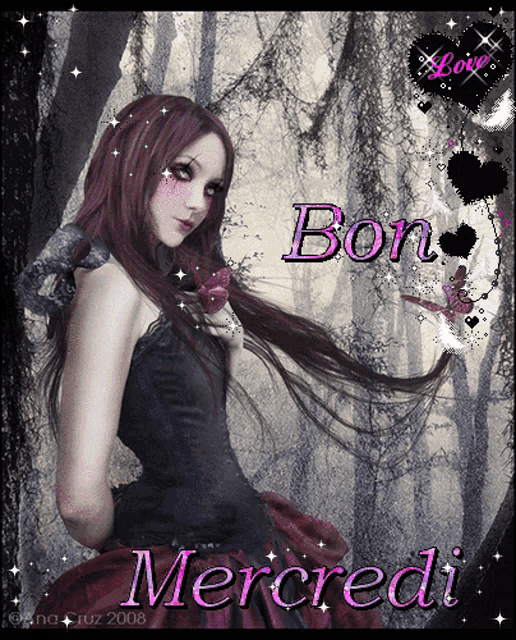 a mercredi greeting card with a woman in a dark forest