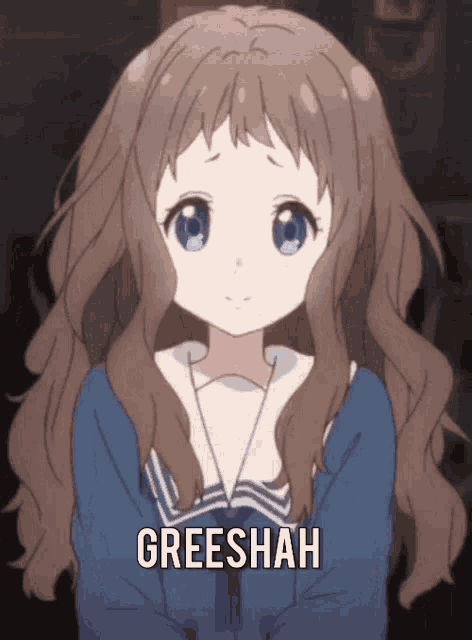 a girl with long brown hair and blue eyes has the word greeshah on her face
