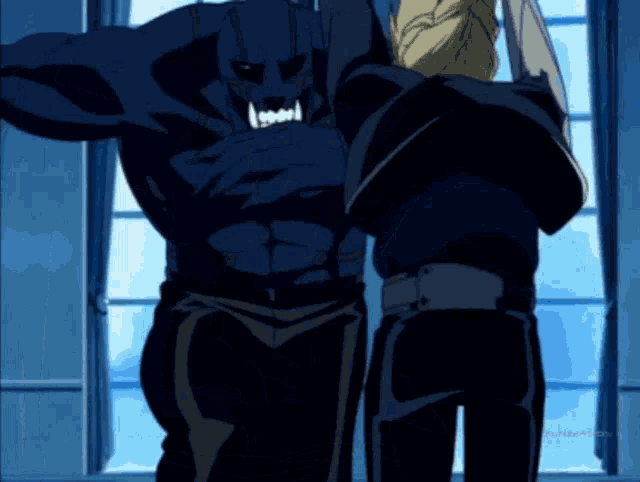 a cartoon of a man being attacked by a monster with fangs and teeth