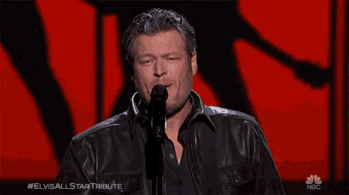 a man in a leather jacket singing into a microphone with the elvis all star tribute written on the bottom