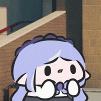 a cartoon drawing of a girl with purple hair and glasses
