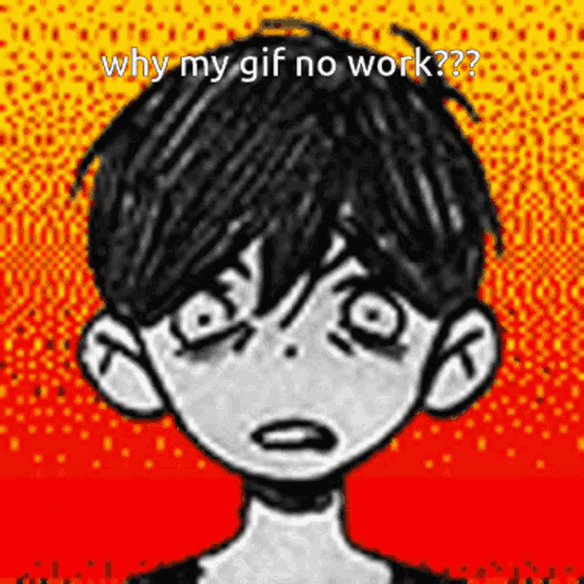 a black and white drawing of a boy with the words why my gif no work on the bottom